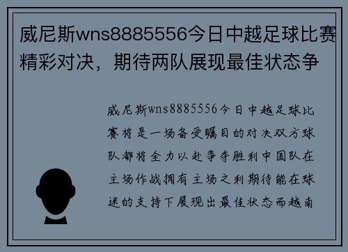 威尼斯wns8885556今日中越足球比赛精彩对决，期待两队展现最佳状态争夺胜利