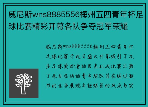威尼斯wns8885556梅州五四青年杯足球比赛精彩开幕各队争夺冠军荣耀