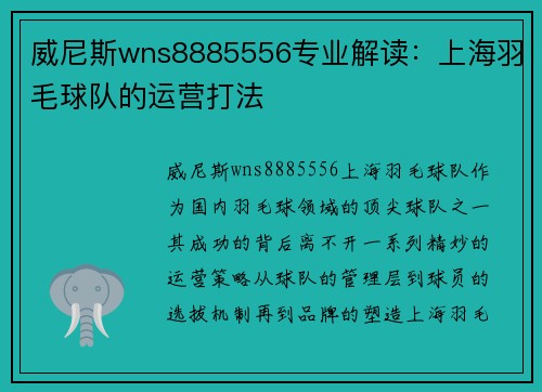 威尼斯wns8885556专业解读：上海羽毛球队的运营打法